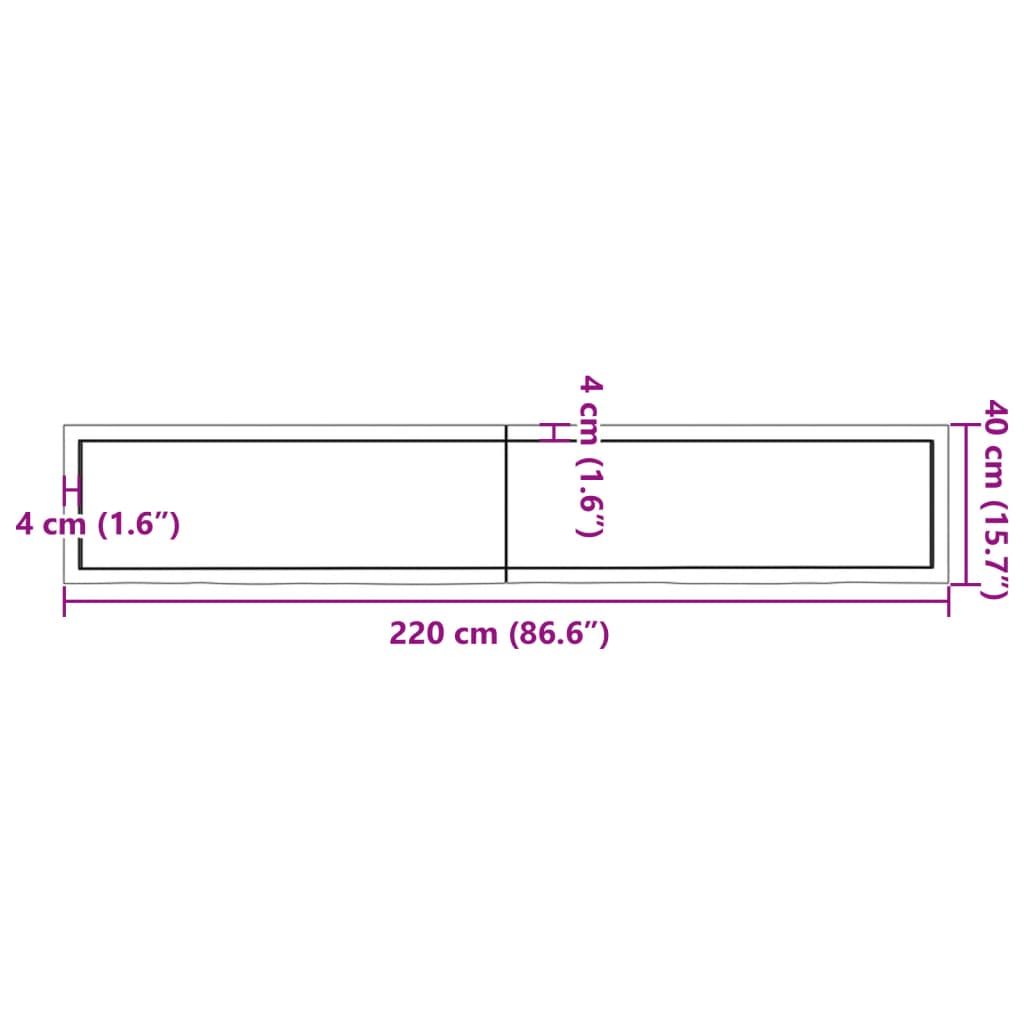 væghylde 220x40x(2-4) cm ubehandlet massivt egetræ