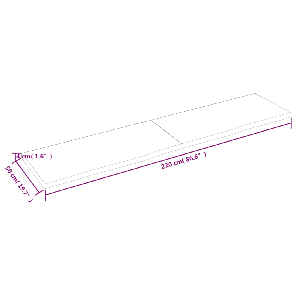 væghylde 220x50x(2-4) cm ubehandlet massivt egetræ