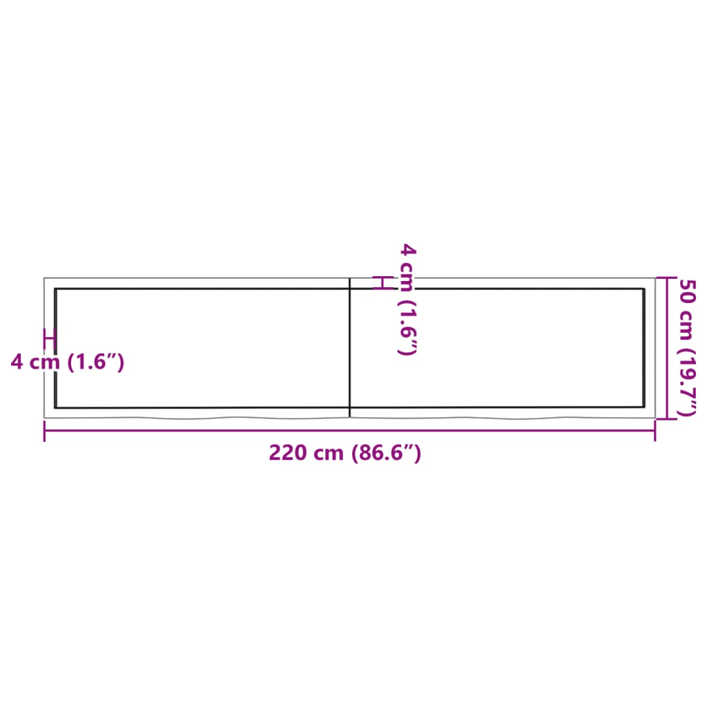 væghylde 220x50x(2-4) cm ubehandlet massivt egetræ