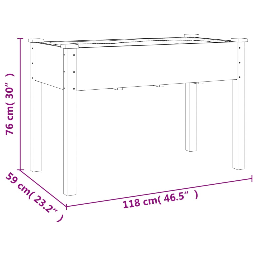 plantekasse med foring 118x59x76 cm massivt fyrretræ