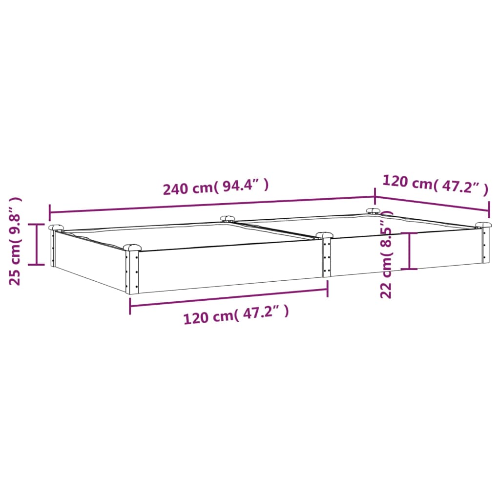 plantekasse med foring 240x120x25 cm massivt fyrretræ brun