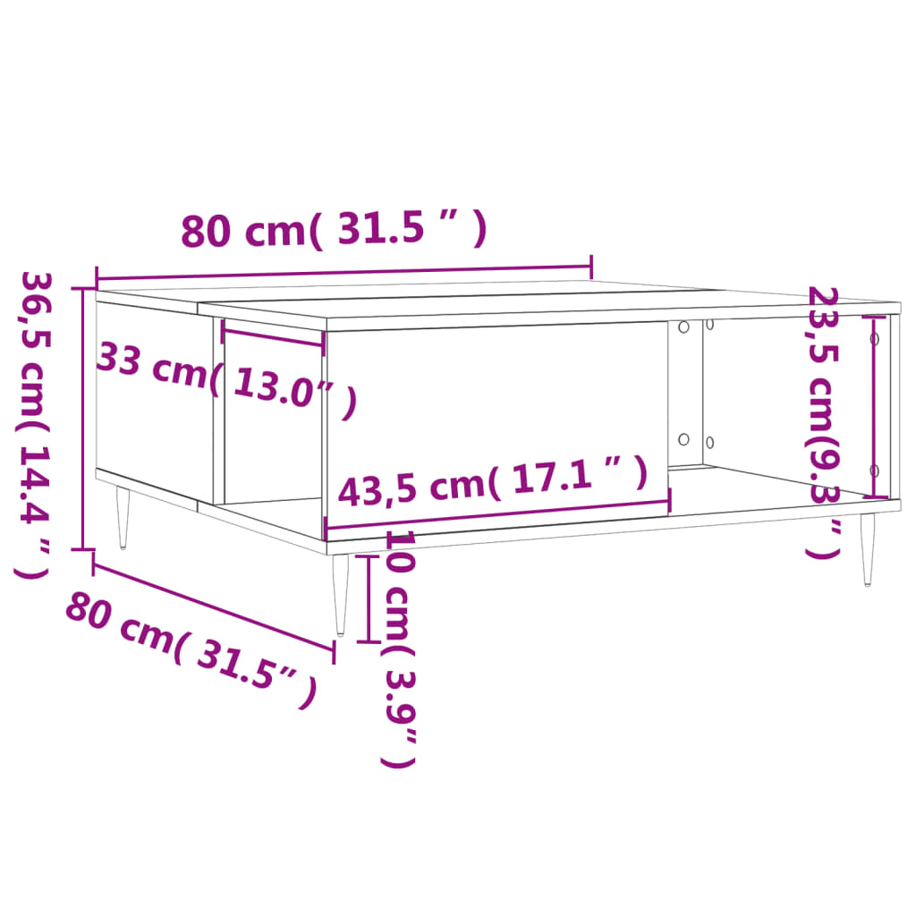 sofabord 80x80x36,5 cm konstrueret træ hvid