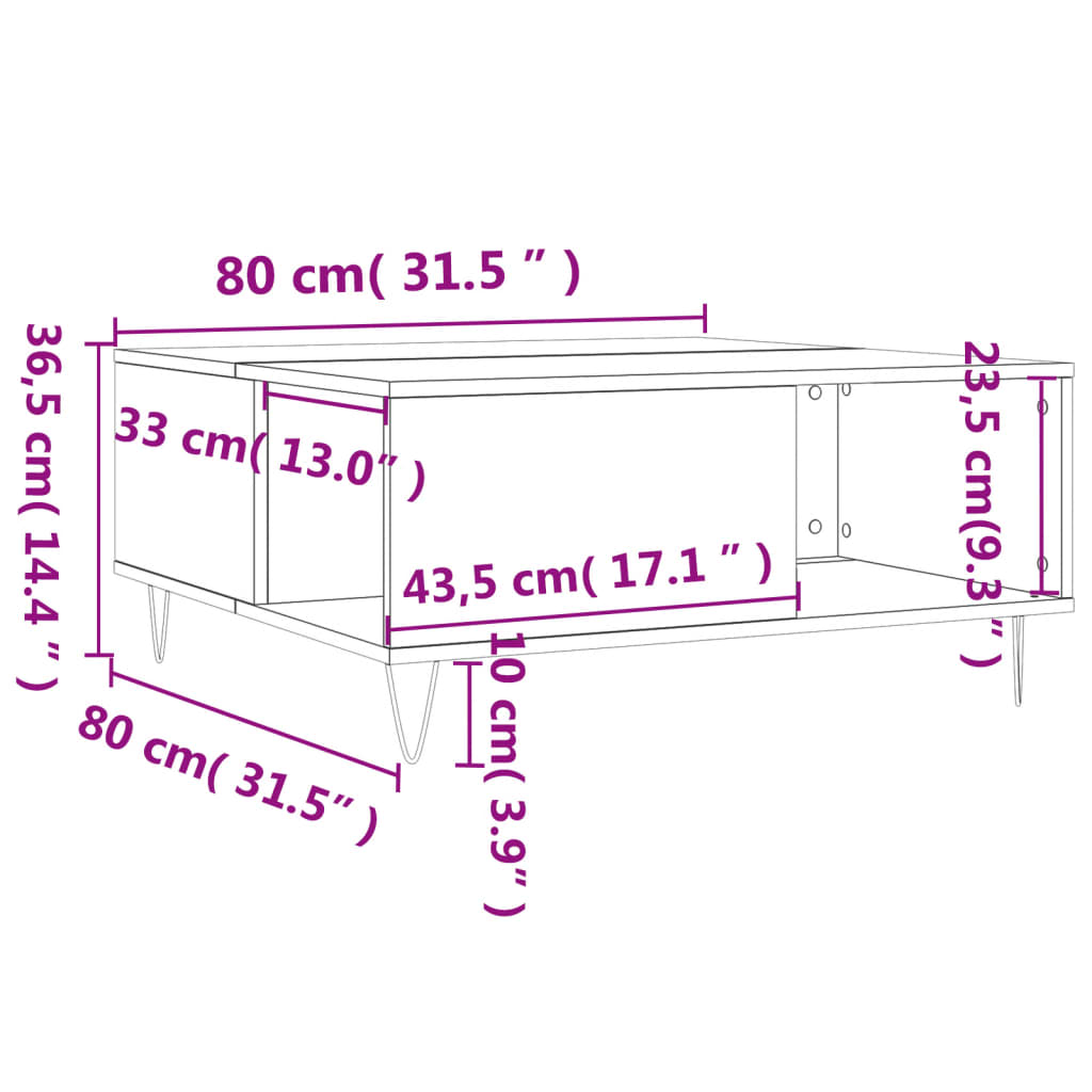 sofabord 80x80x36,5 cm konstrueret træ sonoma-eg