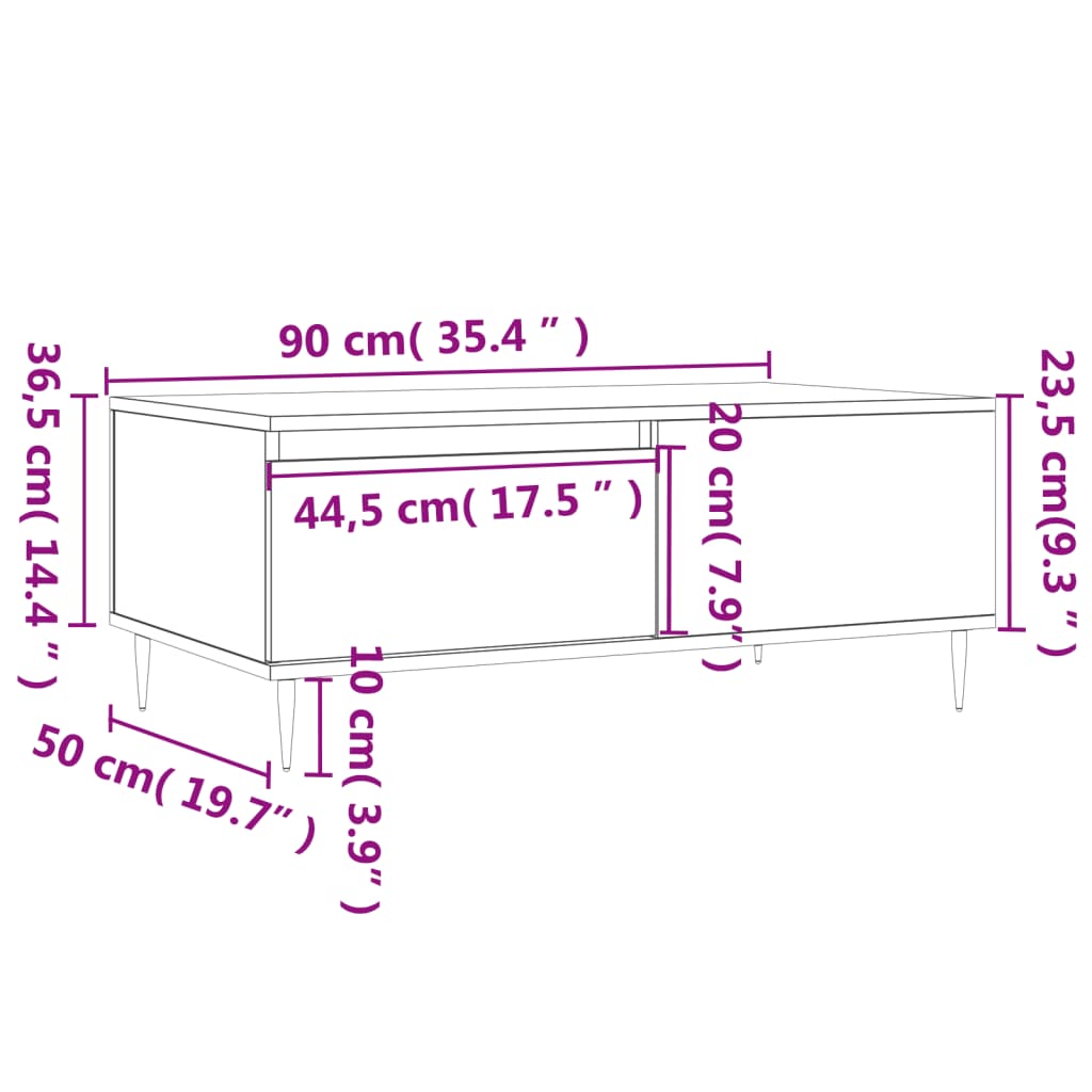 sofabord 90x50x36,5 cm konstrueret træ hvid