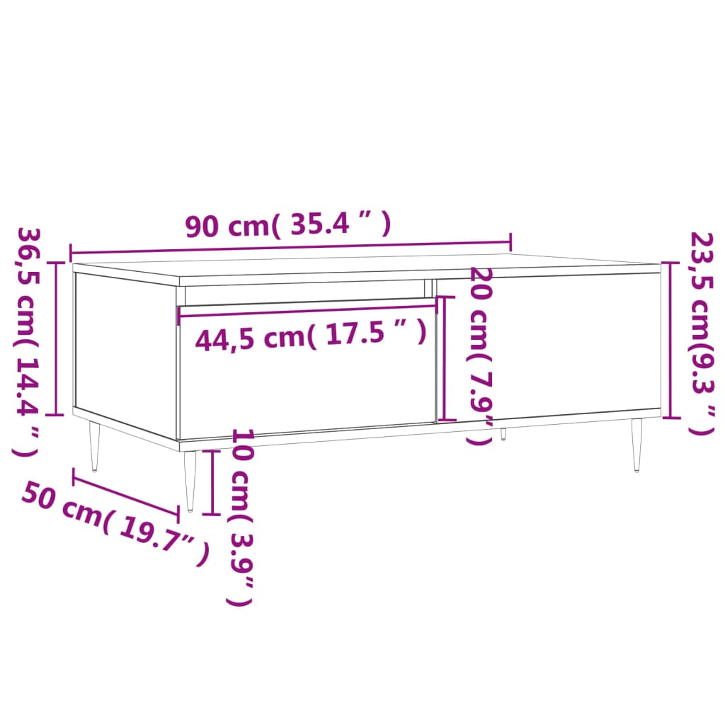 sofabord 90x50x36,5 cm konstrueret træ hvid højglans