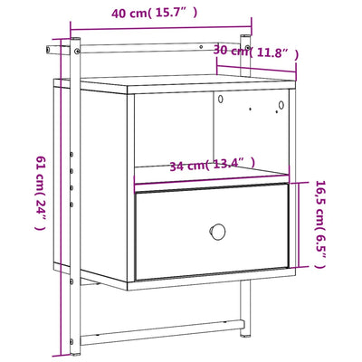 væghængt sengebord 40x30x61 cm konstrueret træ brunt egetræ