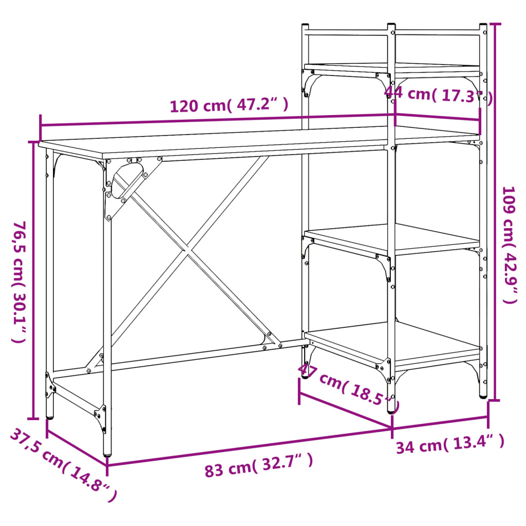 computerbord med hylder 120x47x109 cm røget egetræsfarve