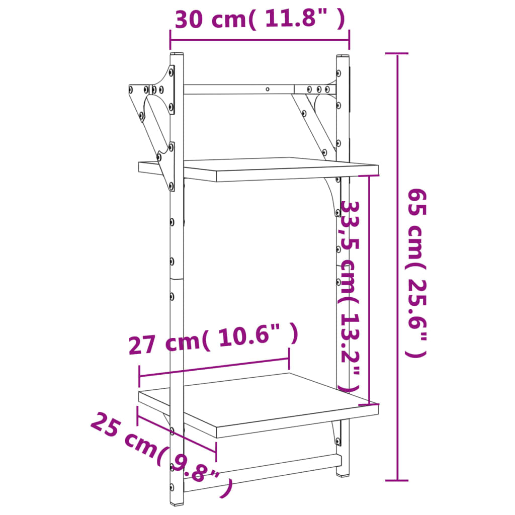 væghylder 2 stk. med stænger og 2 hylder 30x25x65 cm røget eg