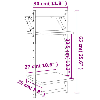 væghylder 2 stk. med stænger og 2 hylder 30x25x65 cm røget eg