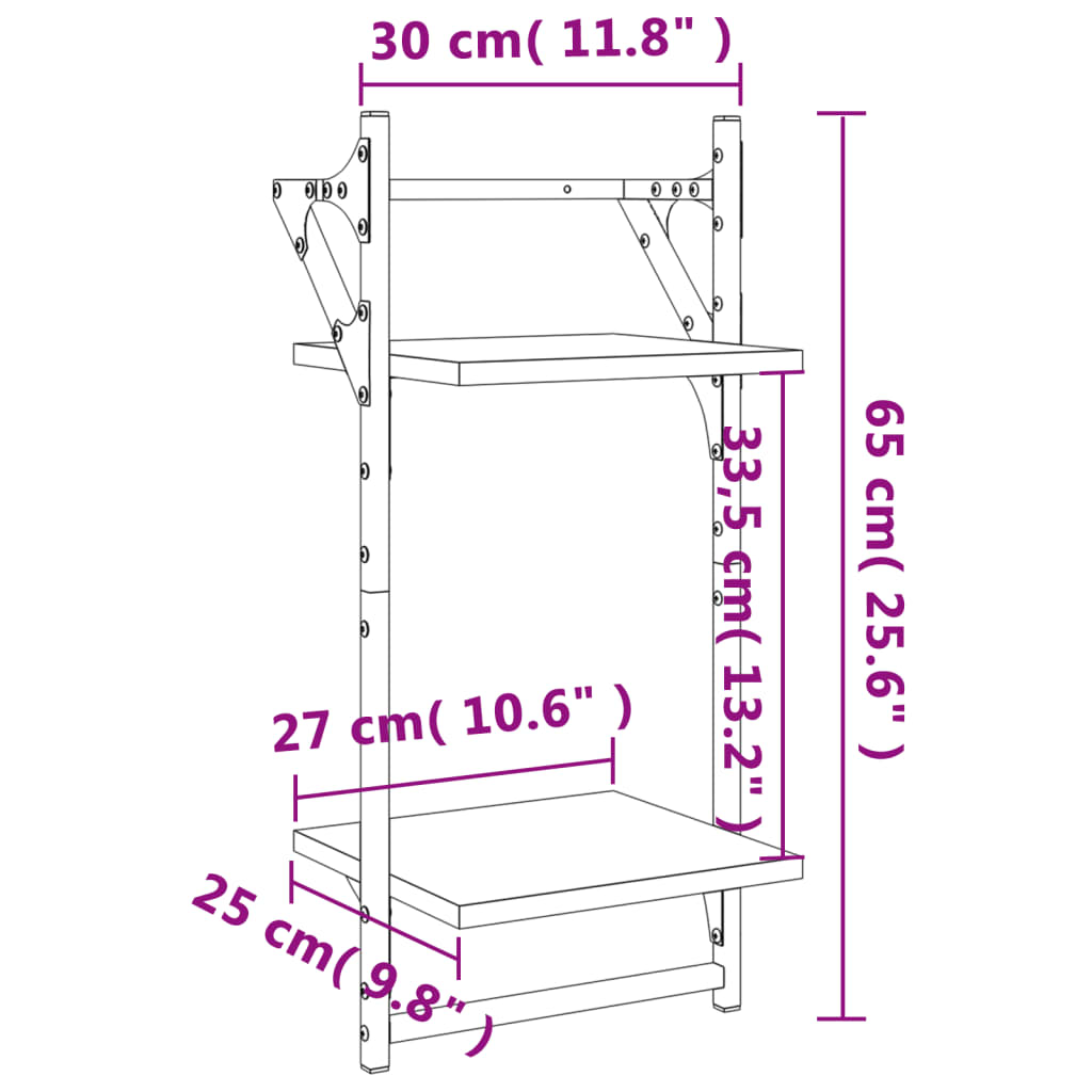 væghylder 2 stk. med stænger og 2 hylder 30x25x65 cm brunt eg