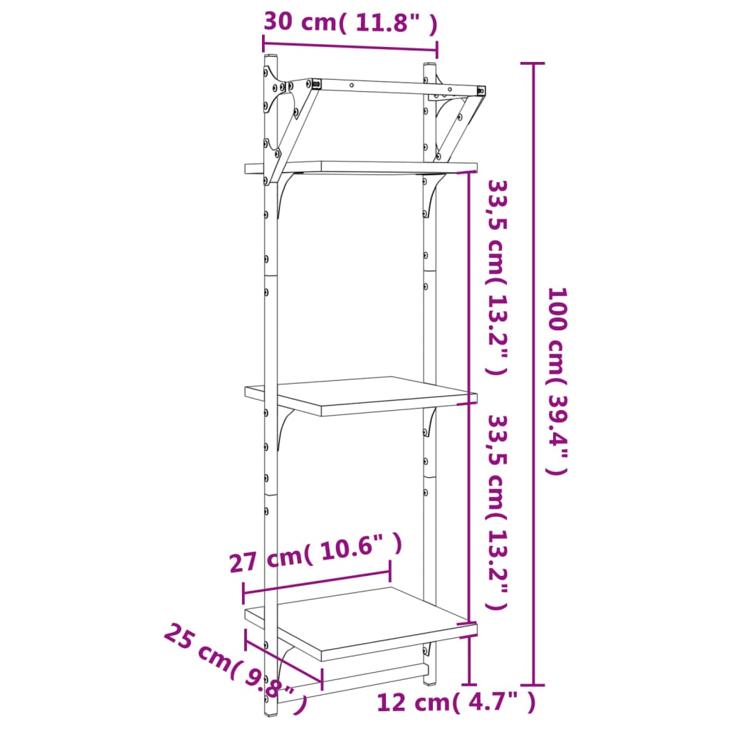 væghylder 2 stk. med stænger og 3 hylder 30x25x100 cm brunt eg