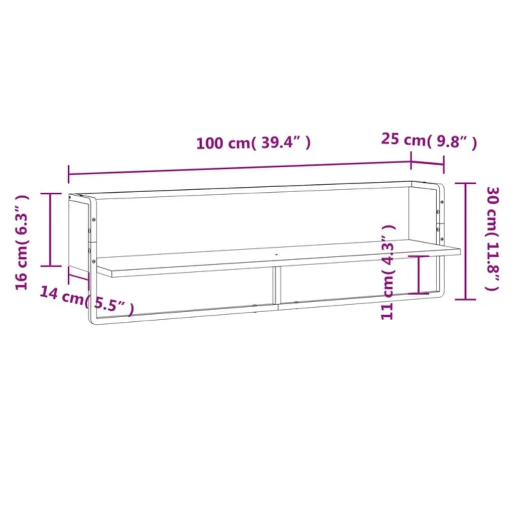 væghylde med stang 100x25x30 cm røget egetræsfarve