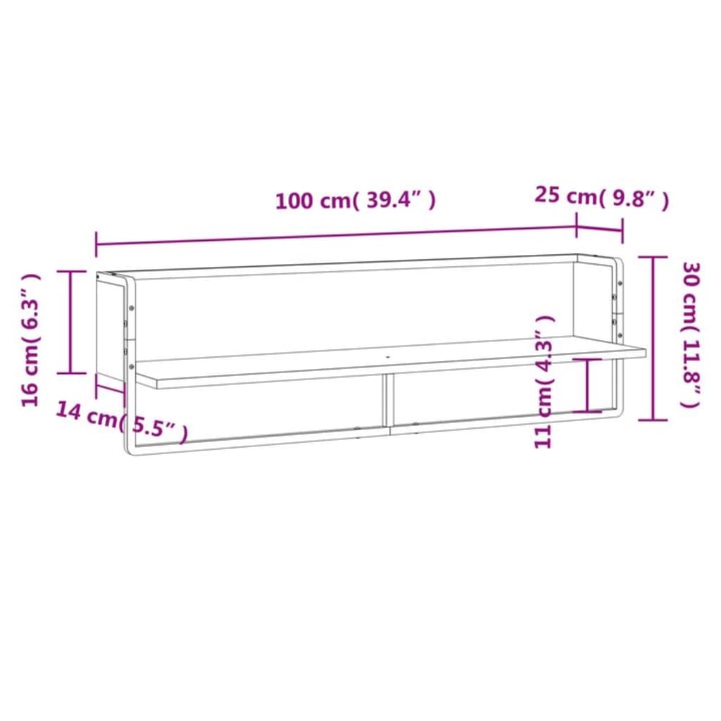 væghylde med stang 100x25x30 cm grå sonoma-eg