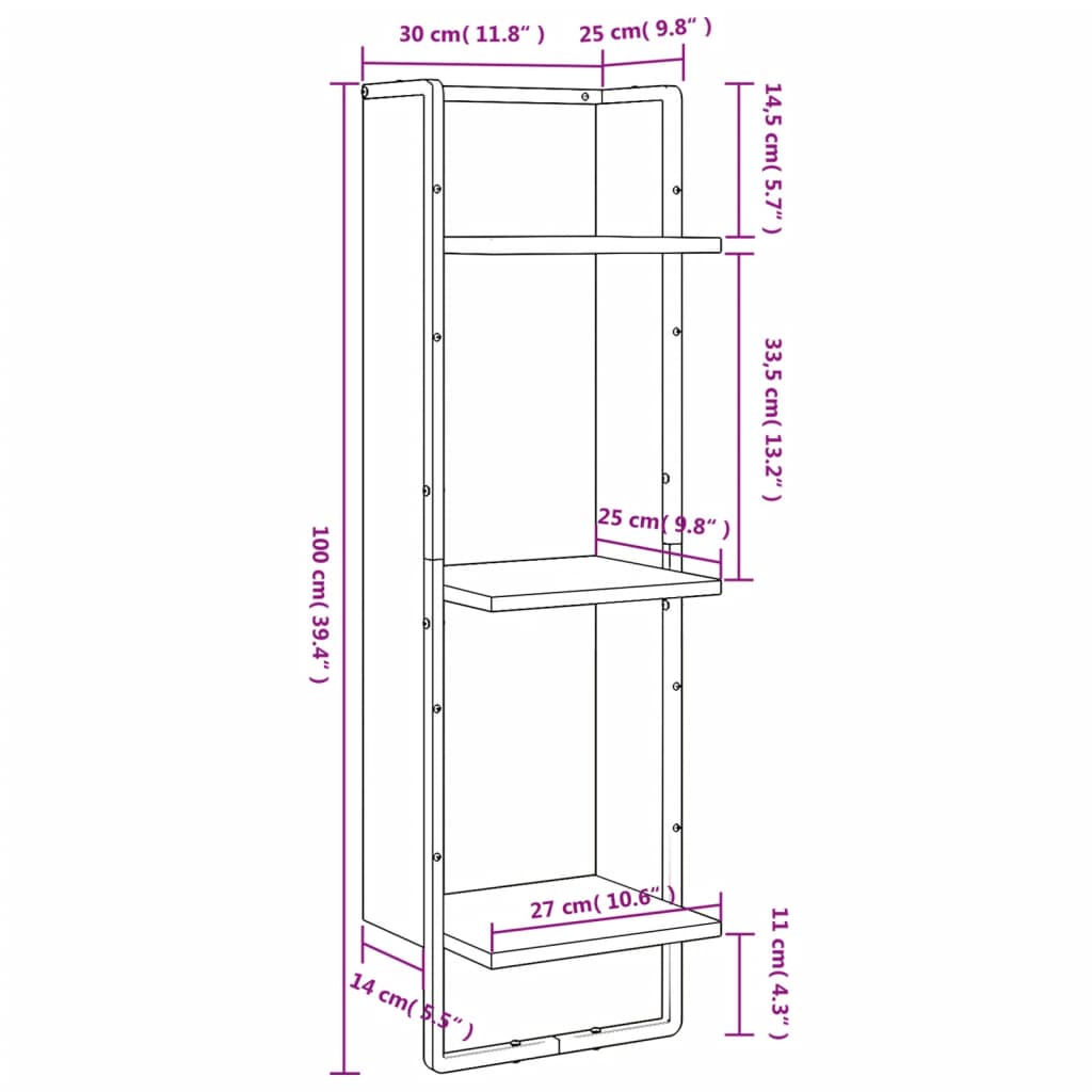 vægreol med 3 hylder 30x25x100 cm konstrueret træ grå sonoma-eg