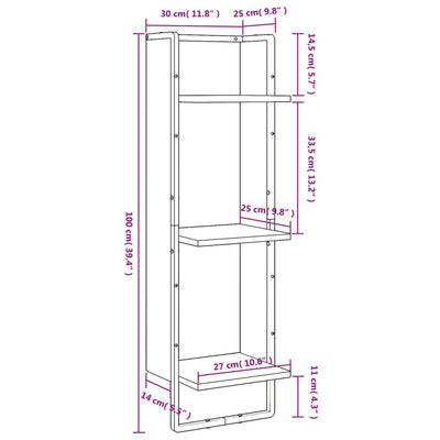 vægreol med 3 hylder 30x25x100 cm konstrueret træ brunt eg