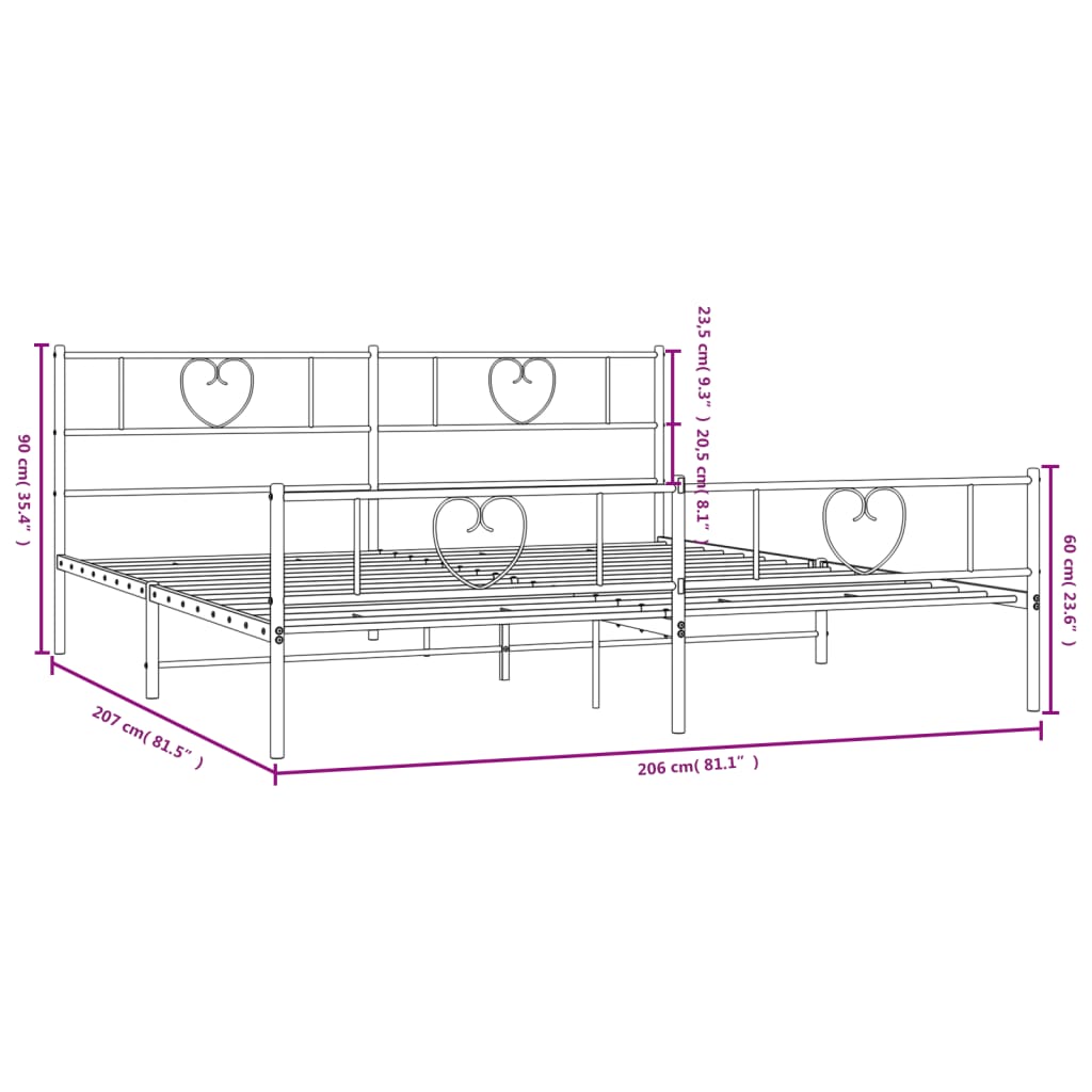 sengeramme med sengegavl og fodgærde 200x200 cm metal sort