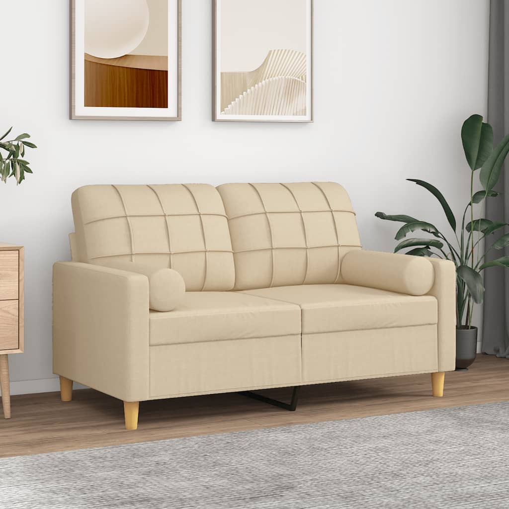 2-personers sofa med pyntepuder 120 cm stof cremefarvet