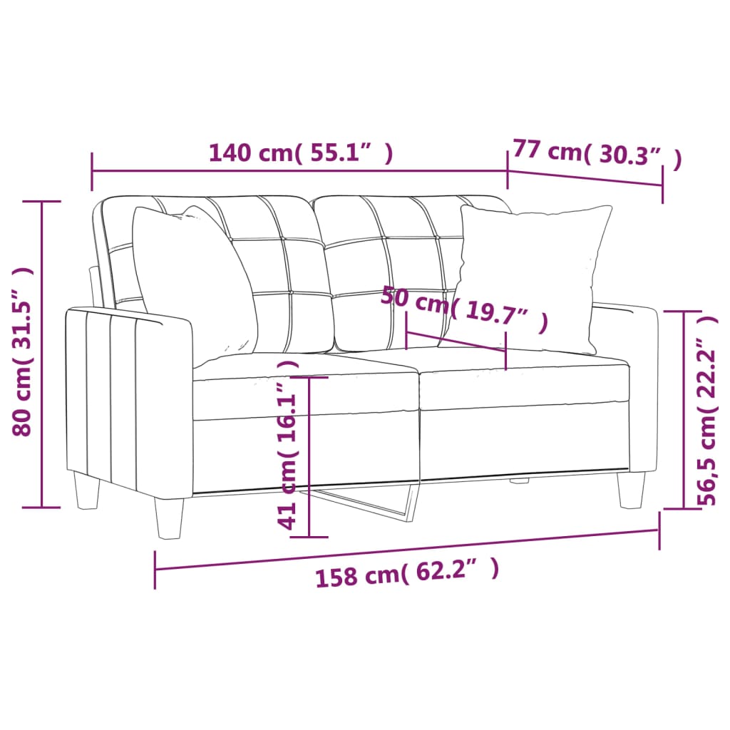 2-personers sofa med pyntepuder 140 cm kunstlæder vinrød