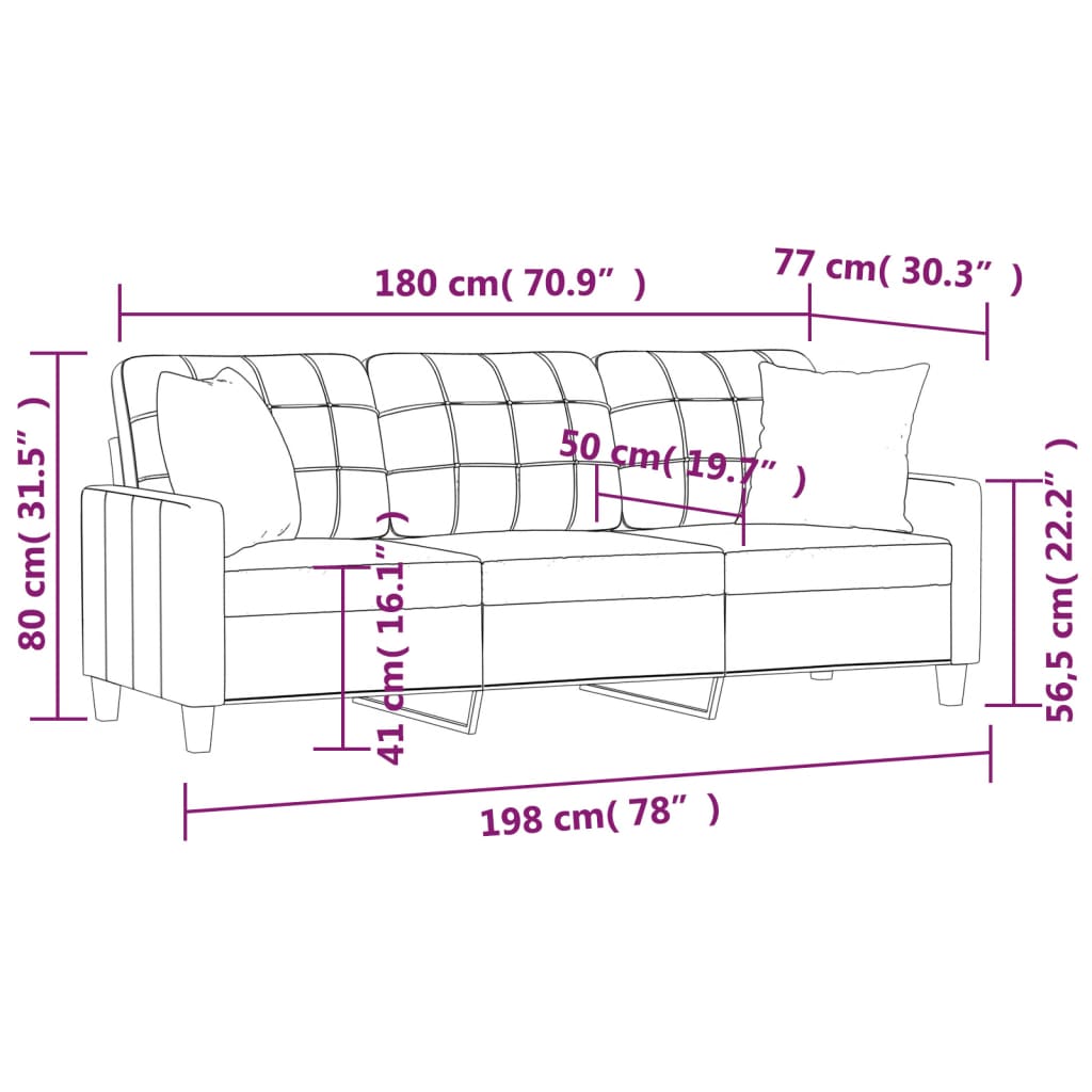 3-personers sofa med pyntepuder 180 cm kunstlæder sort