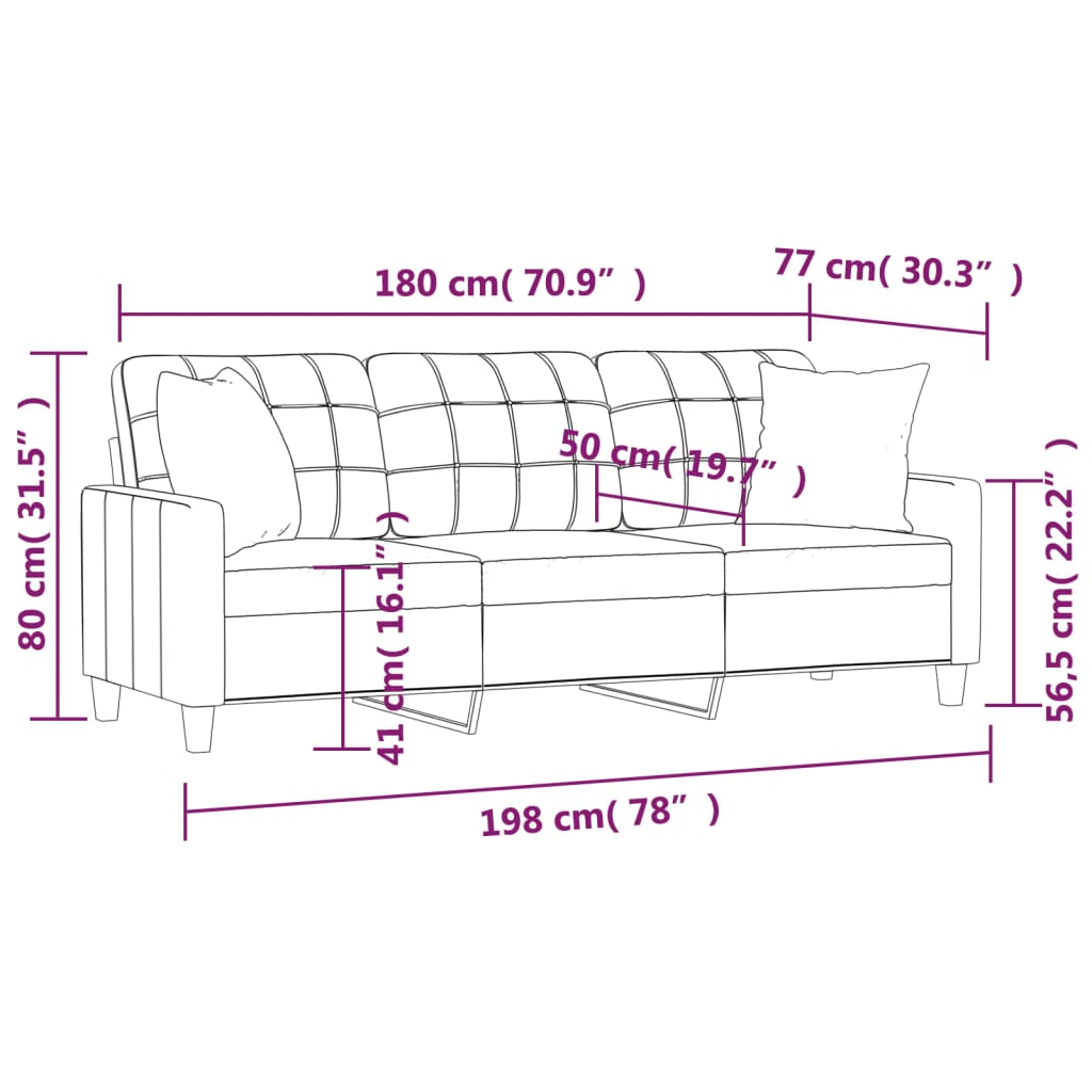 3-personers sofa med pyntepuder 180 cm kunstlæder grå