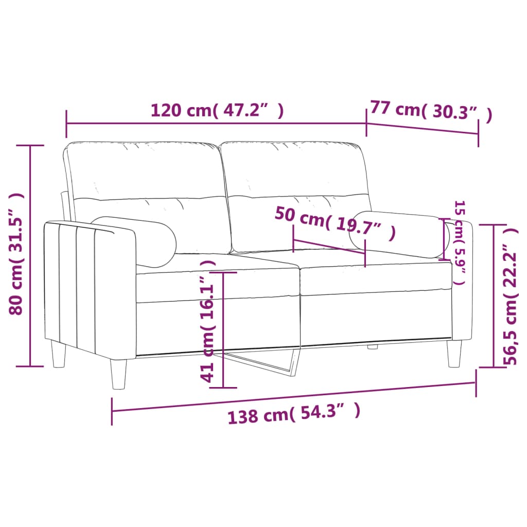 2-personers sofa med pyntepuder 120 cm stof cremefarvet