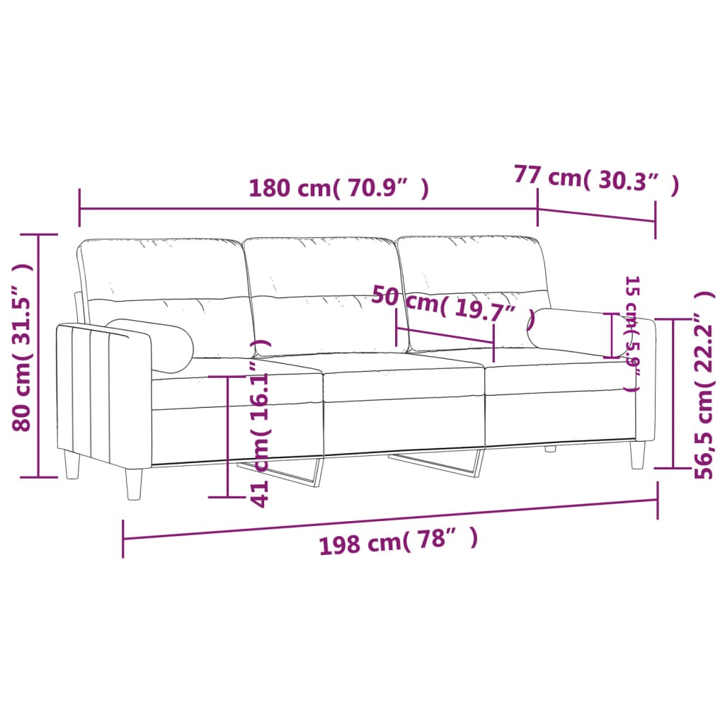 3-personers sofa med pyntepuder 180 cm stof lysegrå