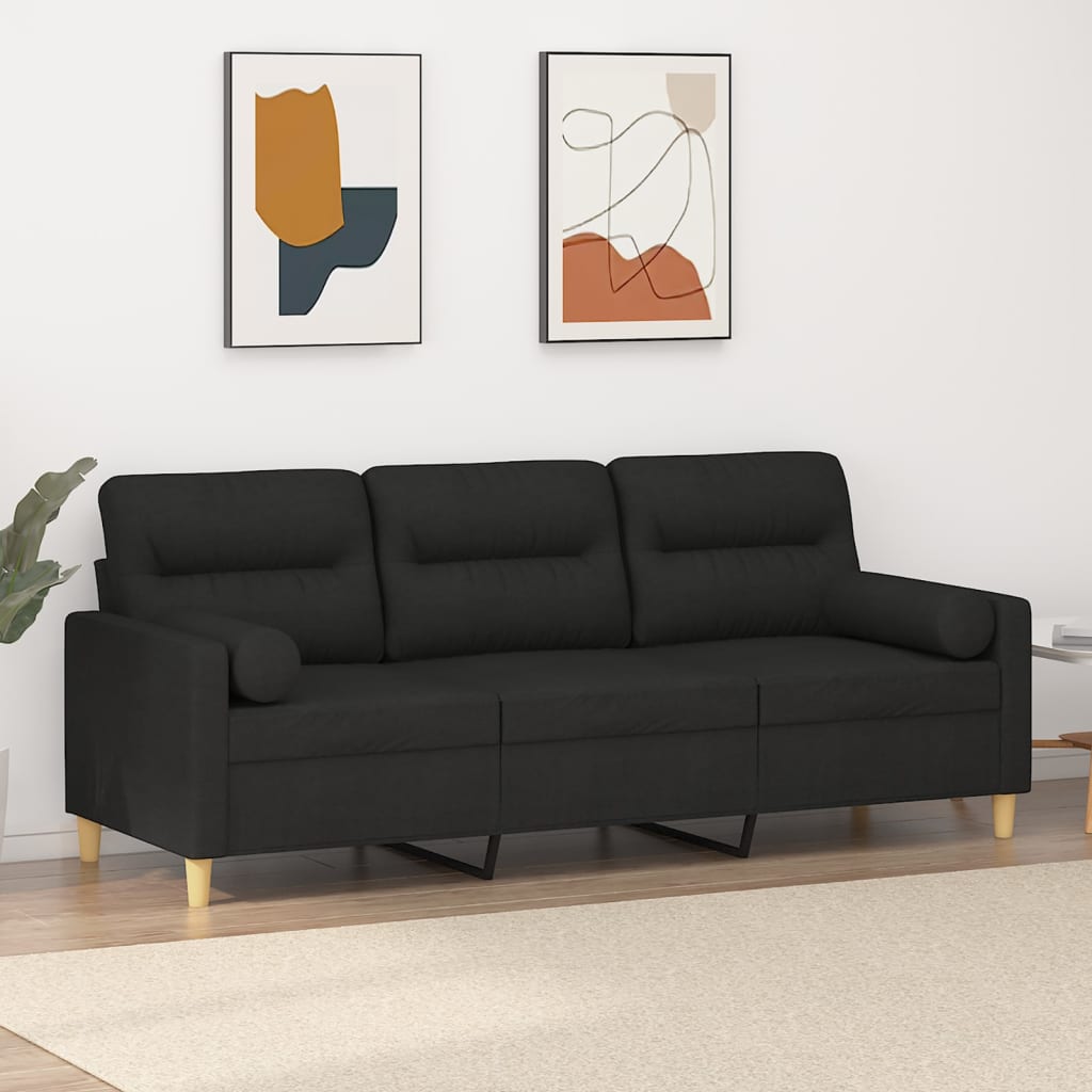 3-personers sofa med pyntepuder 180 cm stof sort