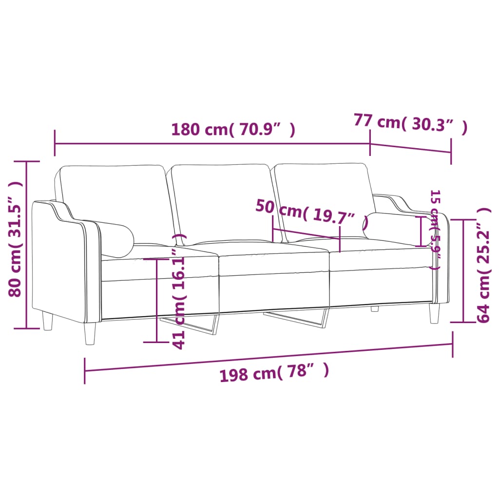 3-personers sofa med pyntepuder 180 cm stof lysegrå