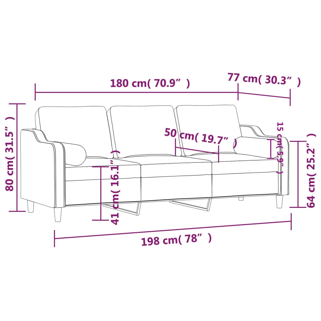 3-personers sofa med pyntepuder 180 cm stof sort