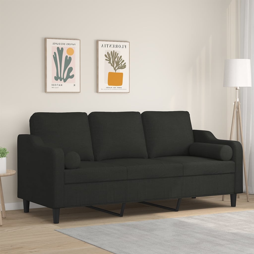 3-personers sofa med pyntepuder 180 cm stof sort