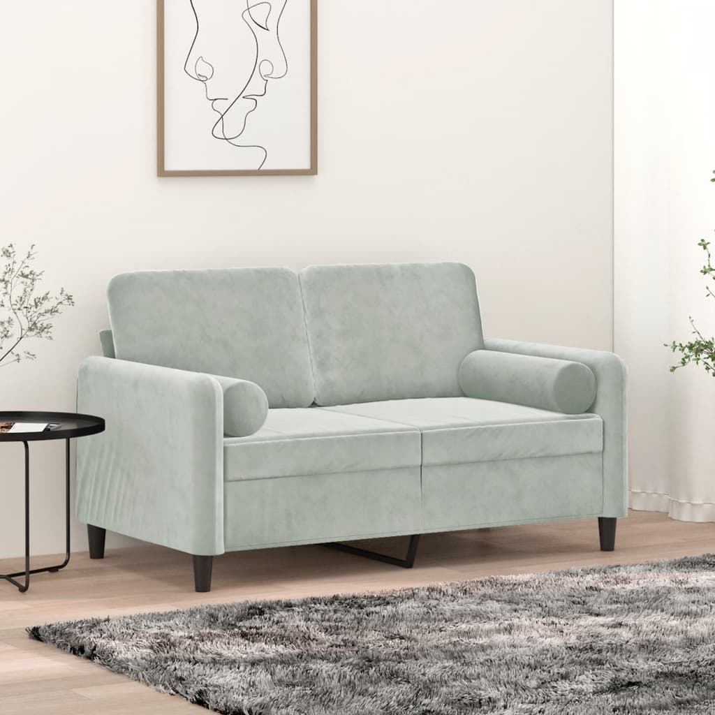 2-personers sofa med pyntepuder 120 cm velour lysegrå