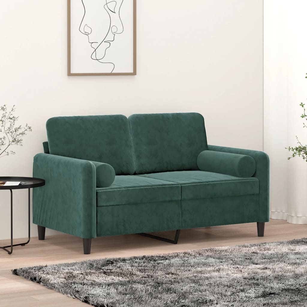 2-personers sofa med pyntepuder 120 cm velour mørkegrøn