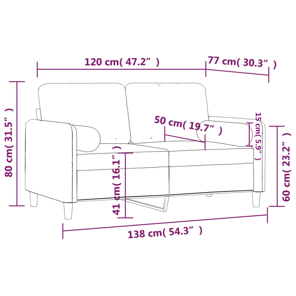 2-personers sofa med pyntepuder 120 cm velour brun