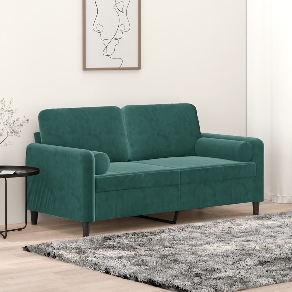 2-personers sofa med pyntepuder 140 cm velour mørkegrøn