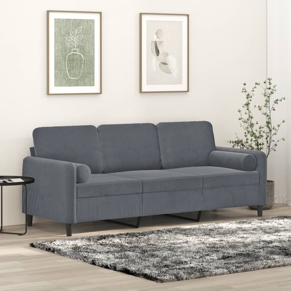 3-personers sofa med pyntepuder 180 cm velour mørkegrå