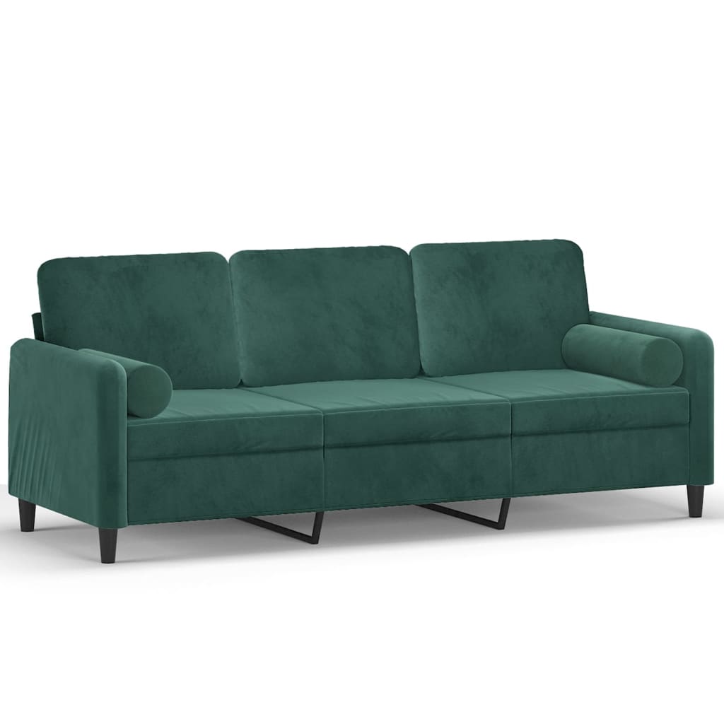 3-personers sofa med pyntepuder 180 cm velour mørkegrøn