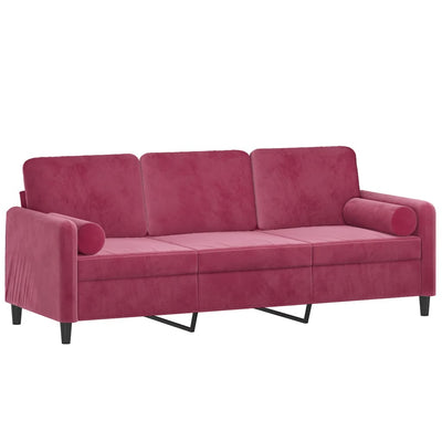 3-personers sofa med pyntepuder 180 cm velour vinrød