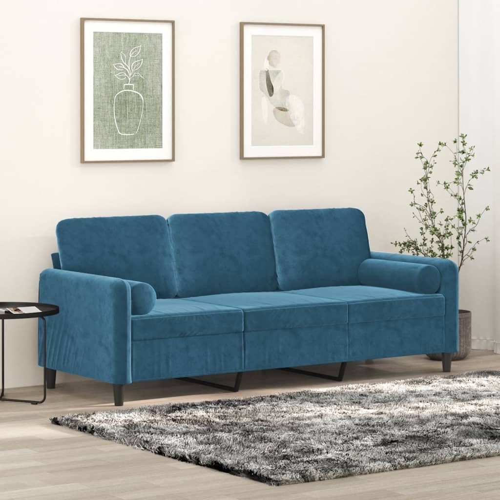 3-personers sofa med pyntepuder 180 cm velour blå