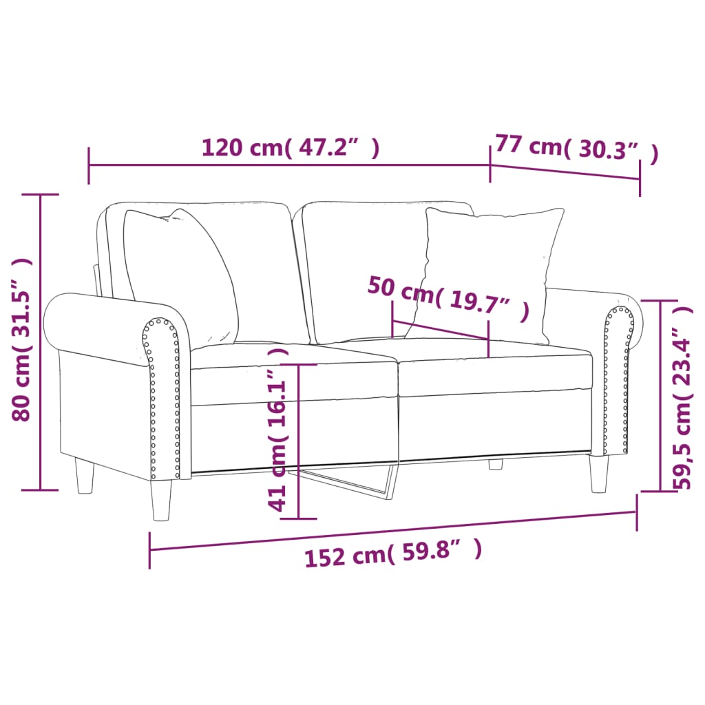 2-personers sofa med pyntepuder 120 cm velour mørkegrå