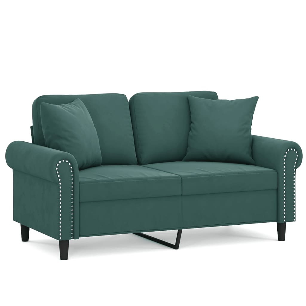 2-personers sofa med pyntepuder 120 cm velour mørkegrøn