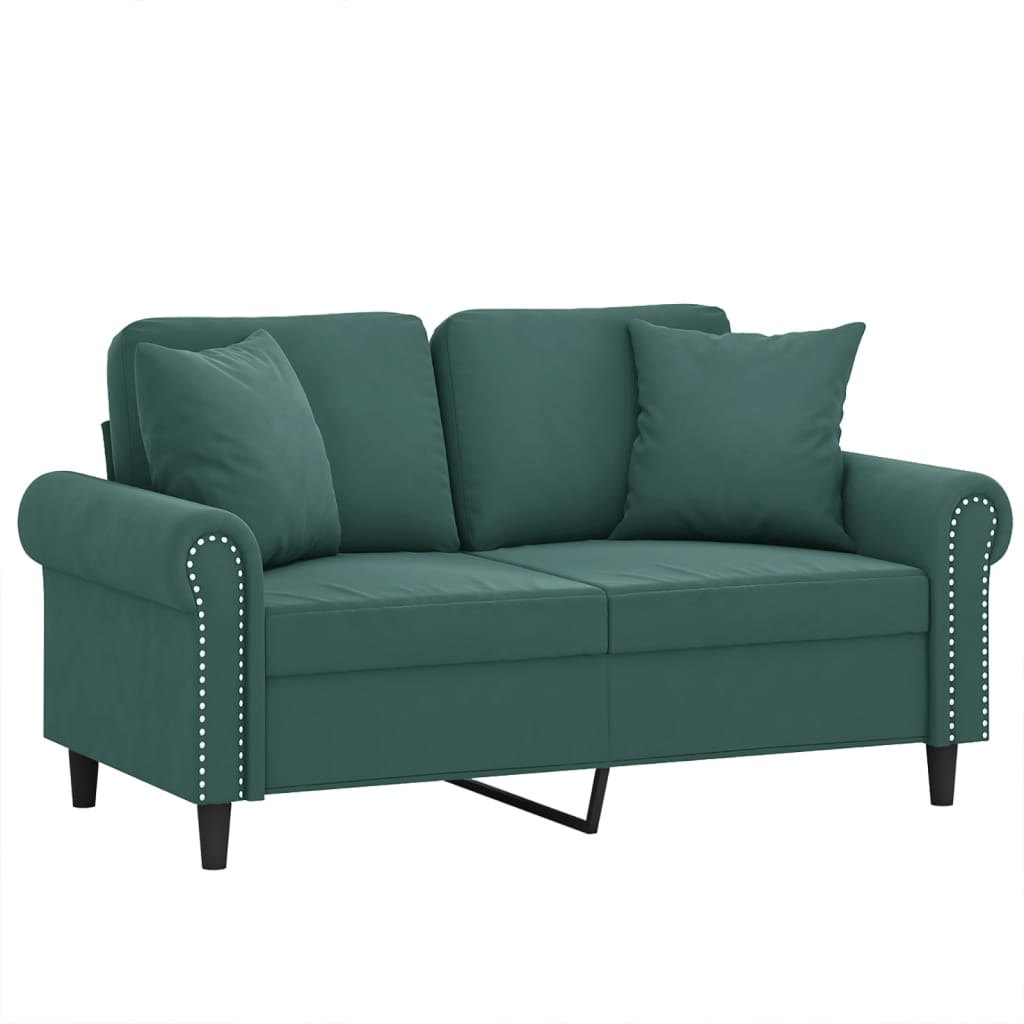 2-personers sofa med pyntepuder 120 cm velour mørkegrøn