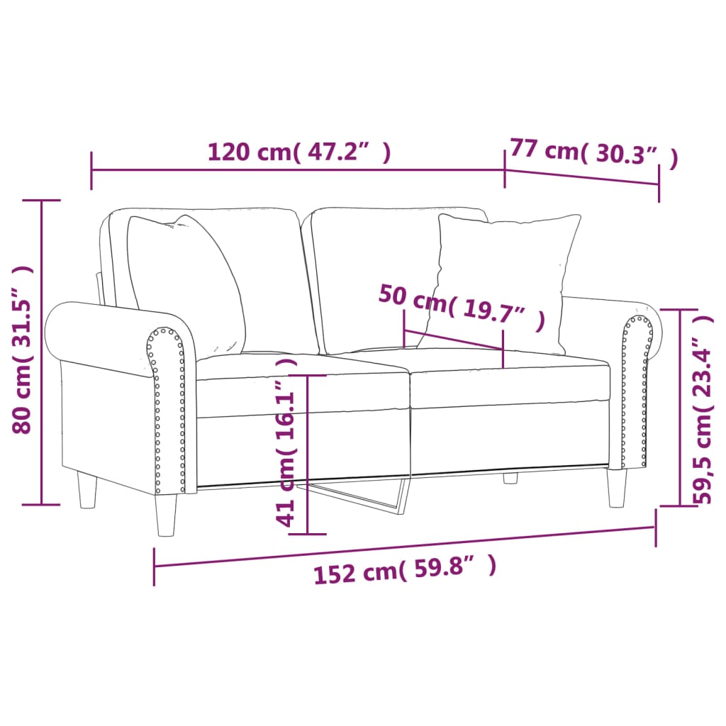 2-personers sofa med pyntepuder 120 cm velour pink