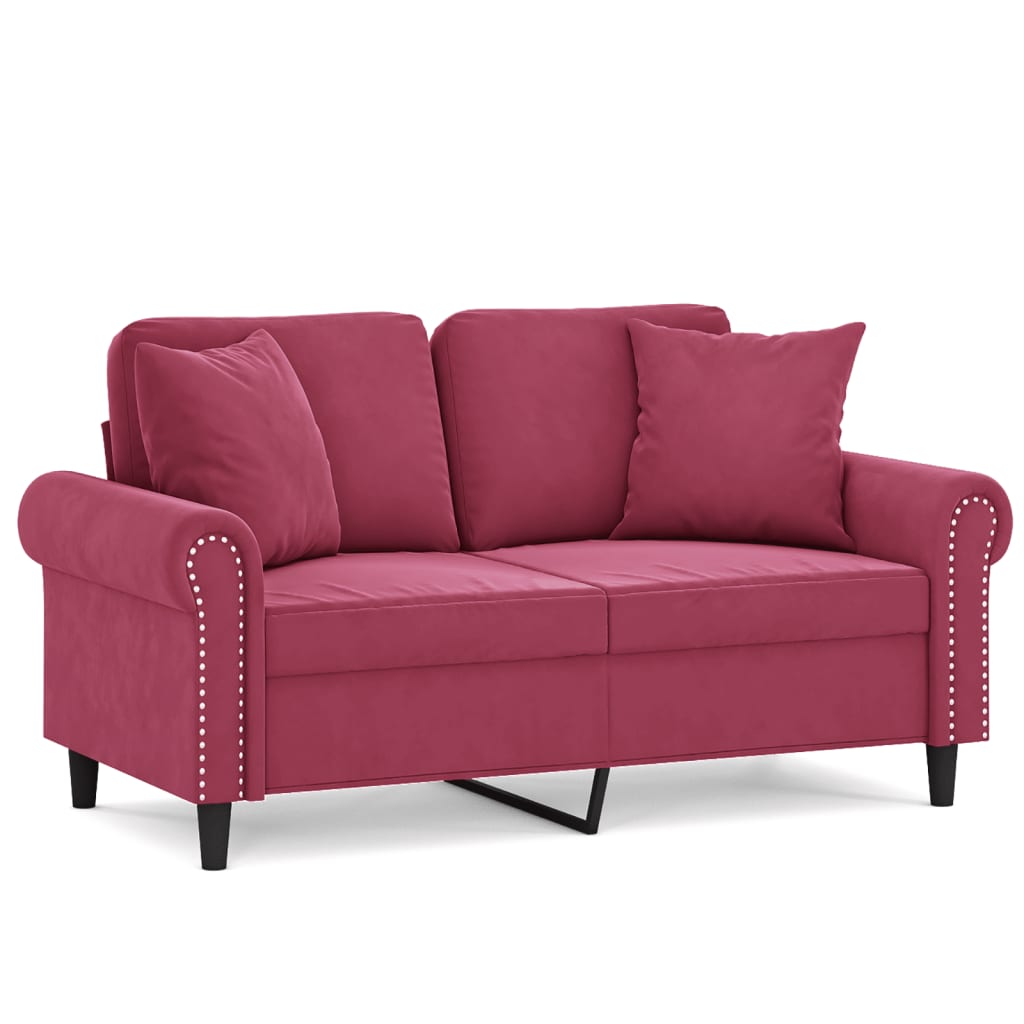 2-personers sofa med pyntepuder 120 cm velour vinrød