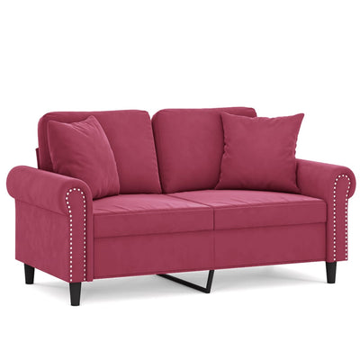 2-personers sofa med pyntepuder 120 cm velour vinrød