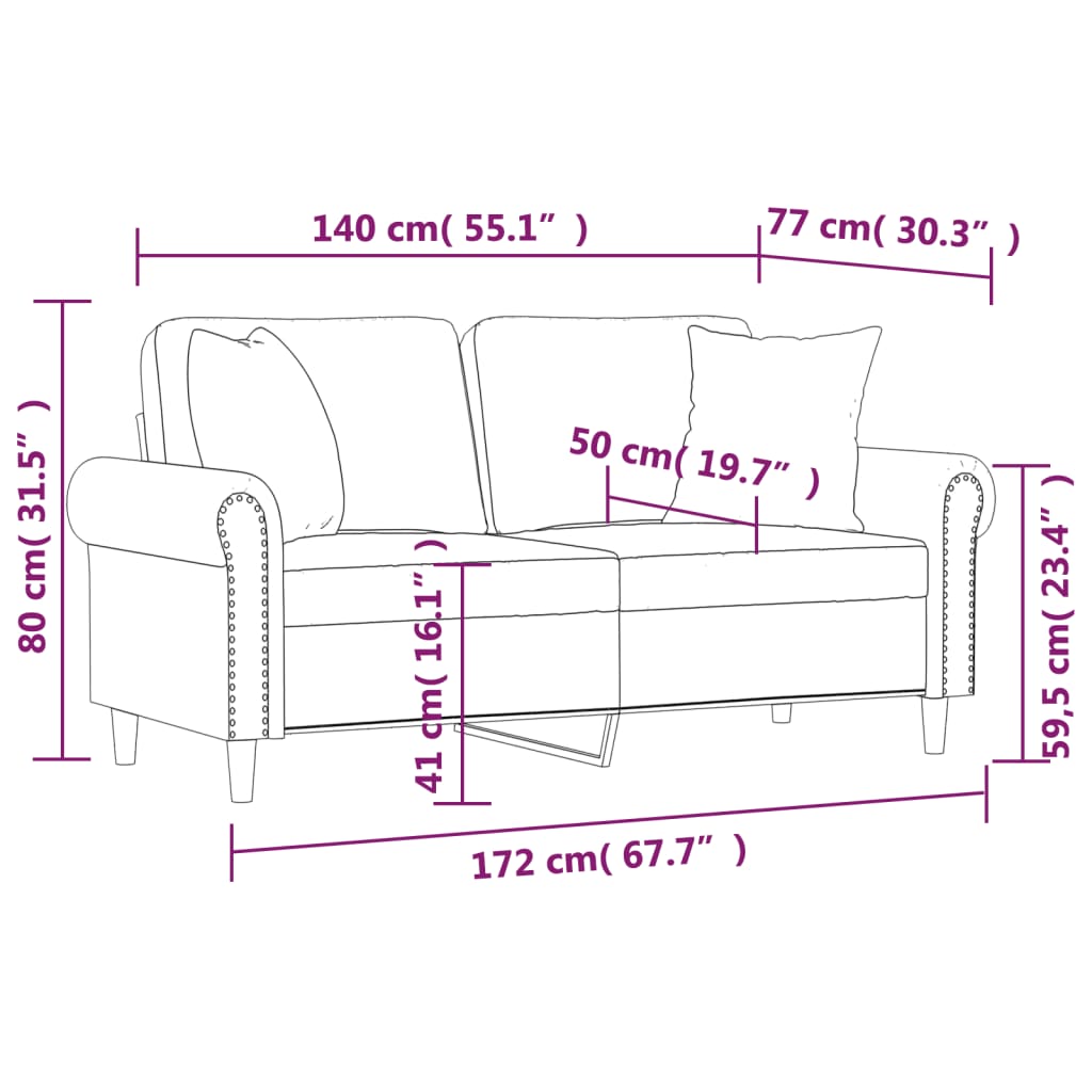 2-personers sofa med pyntepuder 140 cm velour lysegrå