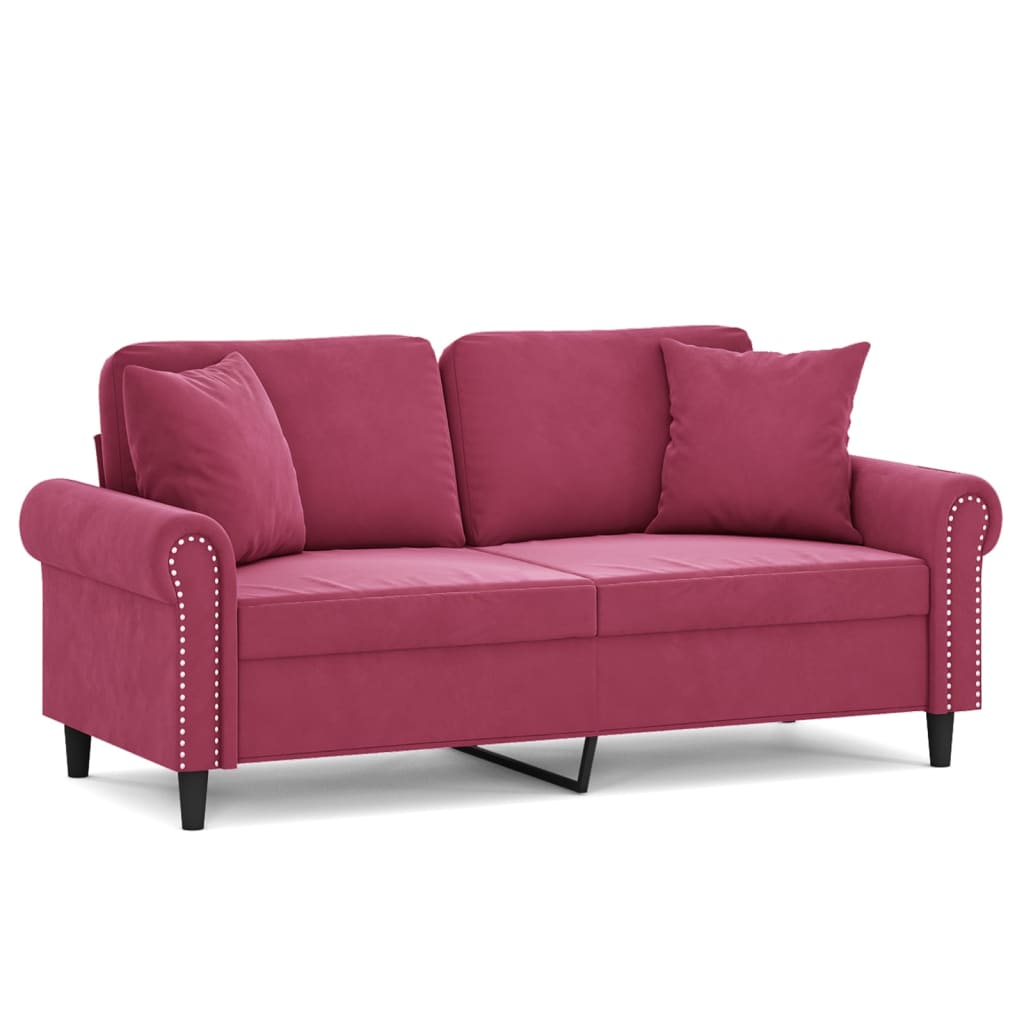 2-personers sofa med pyntepuder 140 cm velour vinrød