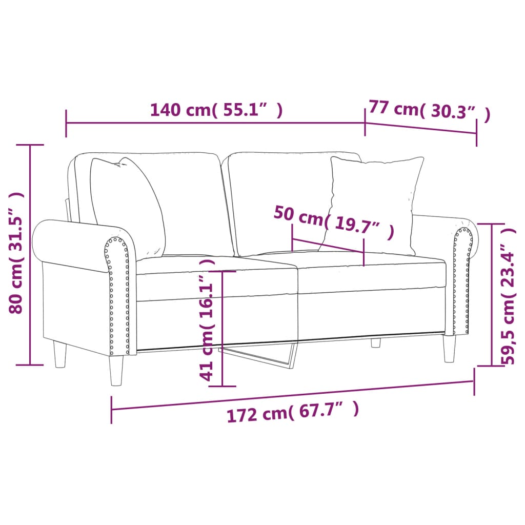 2-personers sofa med pyntepuder 140 cm velour vinrød