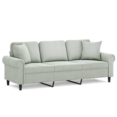 3-personers sofa med pyntepuder 180 cm velour lysegrå