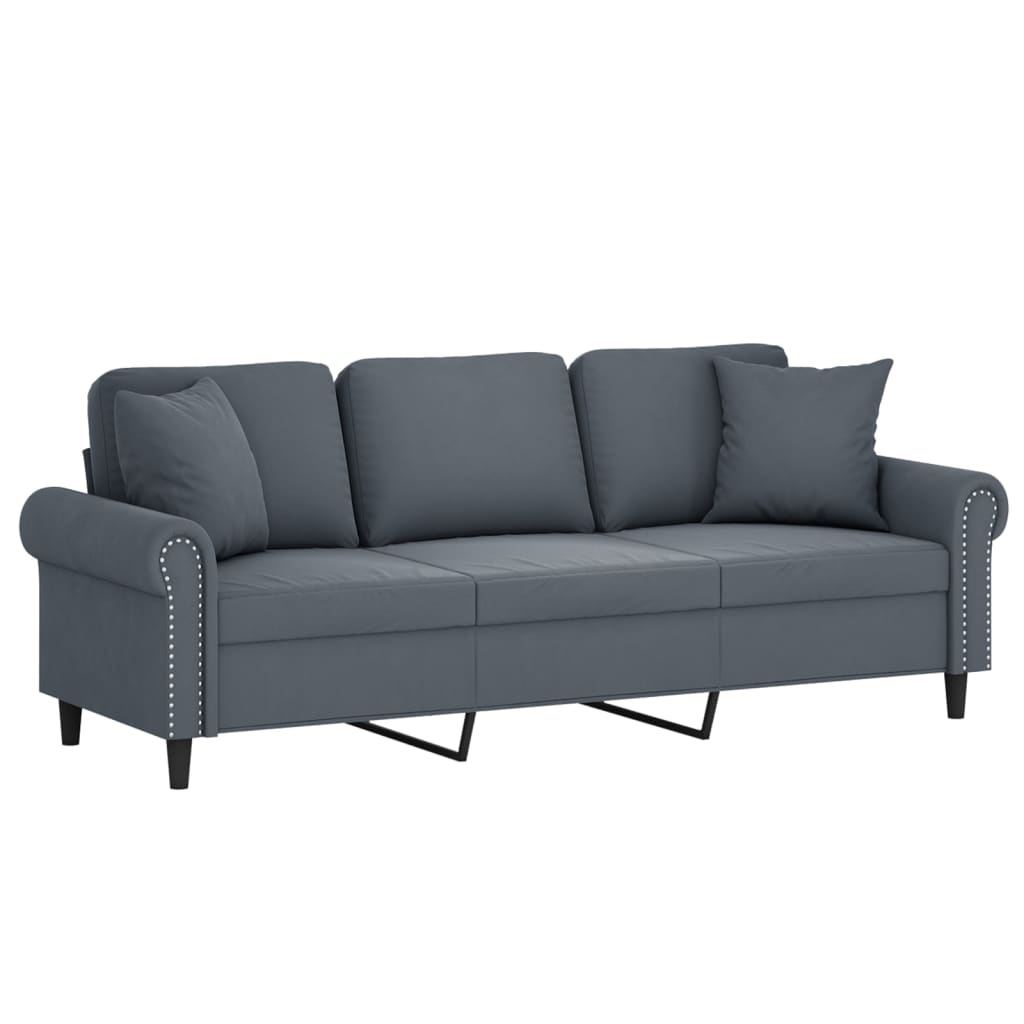 3-personers sofa med pyntepuder 180 cm velour mørkegrå