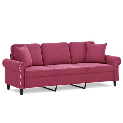 3-personers sofa med pyntepuder 180 cm velour vinrød